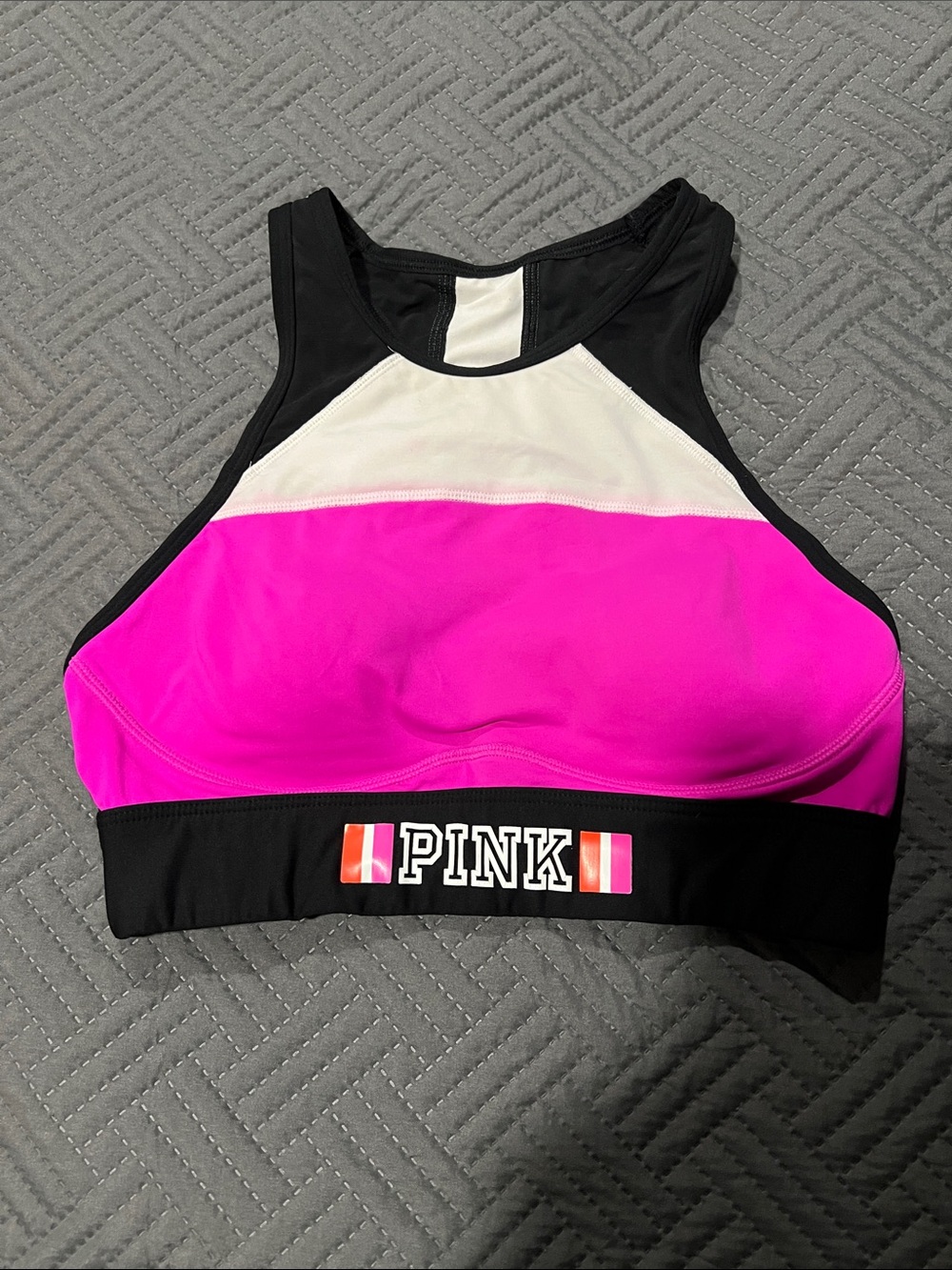 PINK Victoria's Secret Hot Pink, Black & White High Neck Sports Bra